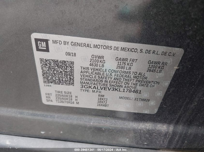 2019 GMC Terrain Slt VIN: 3GKALVEV3KL178461 Lot: 39451341
