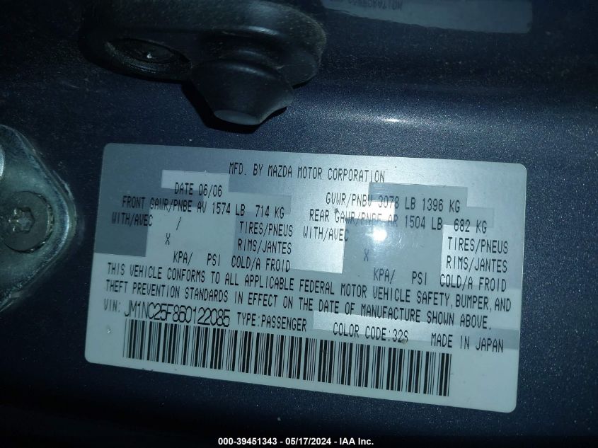 2006 Mazda Mx-5 Sport VIN: JM1NC25F860122085 Lot: 39451343
