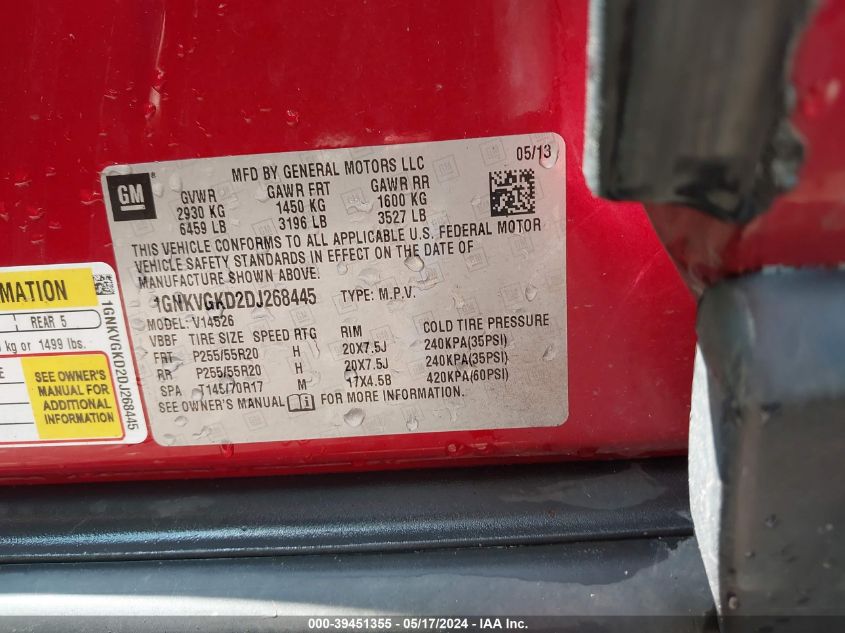 2013 Chevrolet Traverse 1Lt VIN: 1GNKVGKD2DJ268445 Lot: 39451355