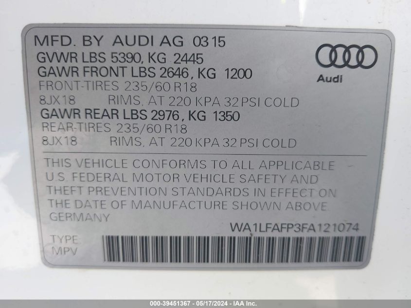 2015 Audi Q5 2.0T Premium VIN: WA1LFAFP3FA121074 Lot: 39451367