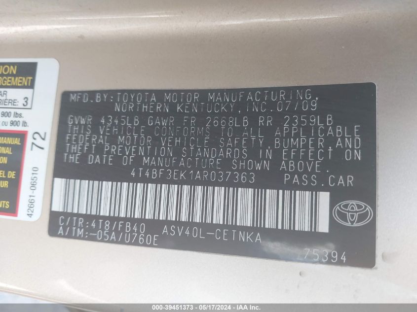 2010 Toyota Camry Le VIN: 4T4BF3EK1AR037363 Lot: 39451373