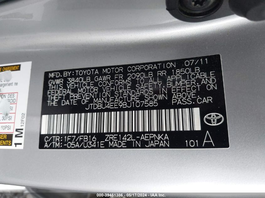 2011 Toyota Corolla Le VIN: JTDBU4EE9BJ107585 Lot: 39451386