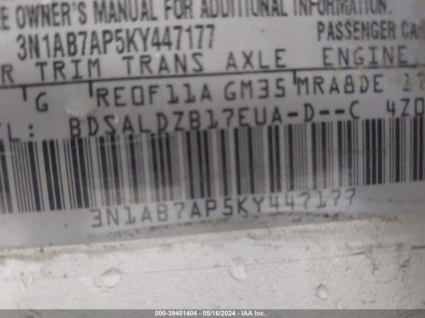 VIN 3N1AB7AP5KY447177 2019 NISSAN SENTRA SV