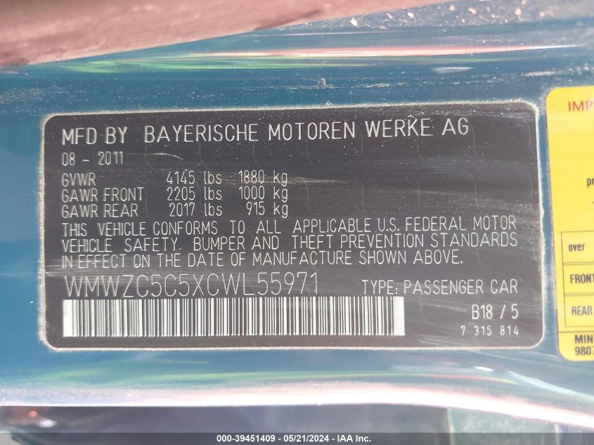 2012 Mini Cooper S Countryman VIN: WMWZC5C5XCWL55971 Lot: 39451409