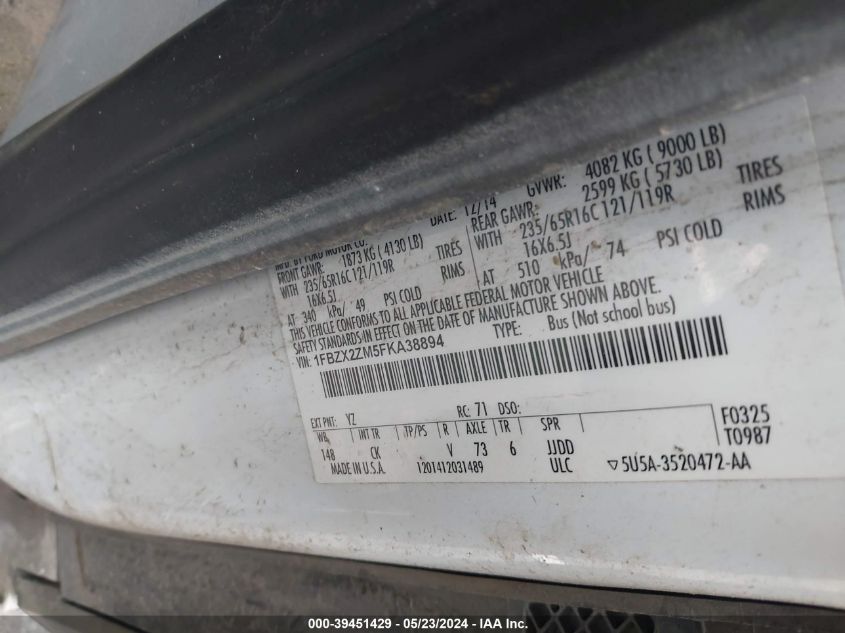 2015 Ford Transit-350 Xlt VIN: 1FBZX2ZM5FKA38894 Lot: 39451429