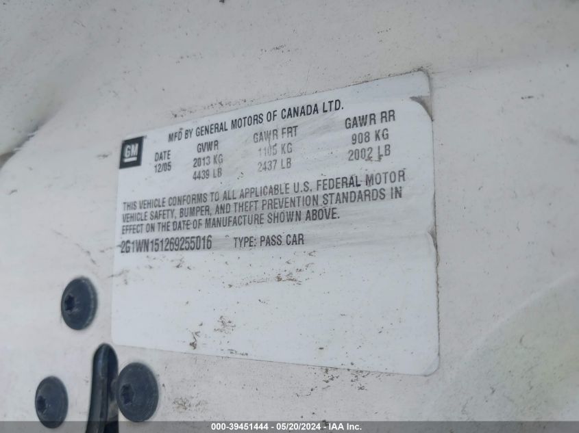 2006 Chevrolet Monte Carlo Ltz VIN: 2G1WN151269255016 Lot: 39451444