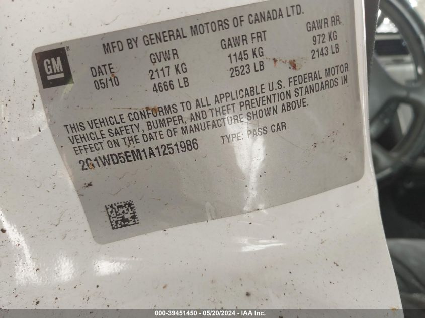 2010 Chevrolet Impala Police VIN: 2G1WD5EM1A1251986 Lot: 39451450