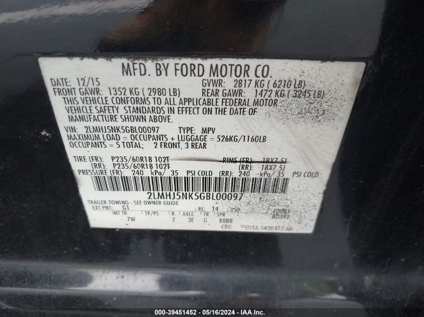 2016 Lincoln Mkt Livery VIN: 2LMHJ5NK5GBL00097 Lot: 39451452