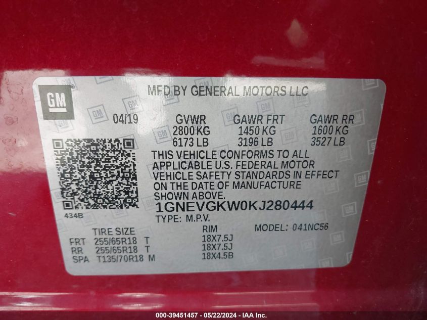 2019 Chevrolet Traverse 1Lt VIN: 1GNEVGKW0KJ280444 Lot: 39451457