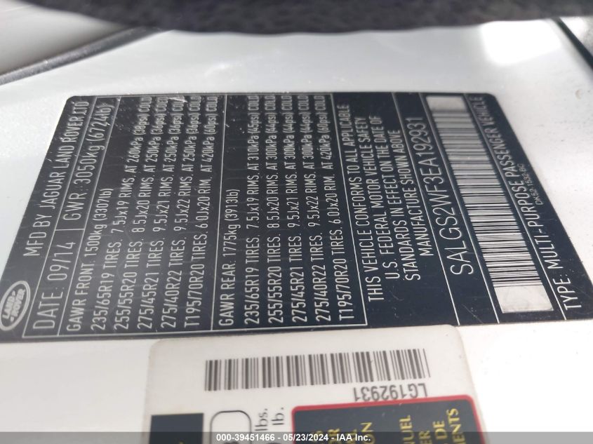 2014 Land Rover Range Rover 3.0L V6 Supercharged Hse VIN: SALGS2WF3EA192931 Lot: 39451466