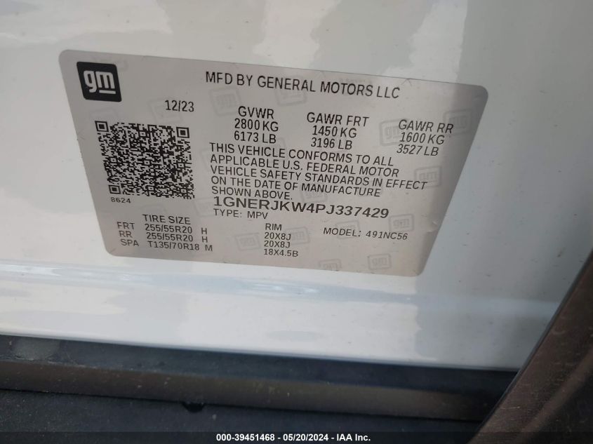 2023 Chevrolet Traverse Fwd Rs VIN: 1GNERJKW4PJ337429 Lot: 39451468