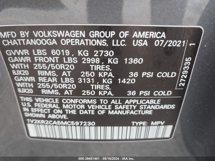 2021 Volkswagen Atlas 3.6L V6 Se W/Technology VIN: 1V2KR2CA5MC597230 Lot: 39451481