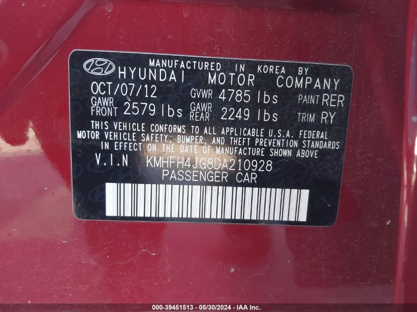 2013 Hyundai Azera VIN: KMHFH4JG8DA210928 Lot: 39451513