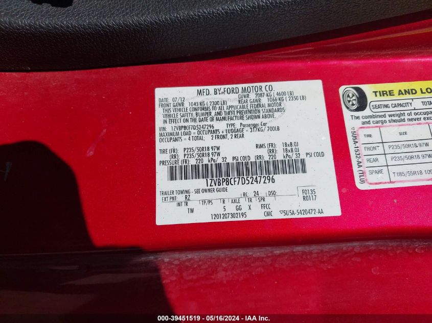 2013 Ford Mustang Gt VIN: 1ZVBP8CF7D5247296 Lot: 39451519