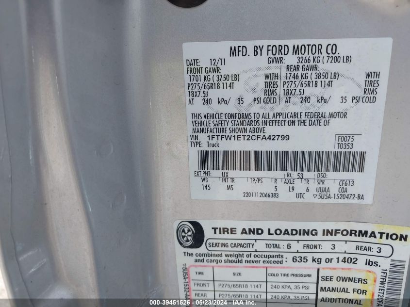 2012 Ford F-150 Xlt VIN: 1FTFW1ET2CFA42799 Lot: 39451526