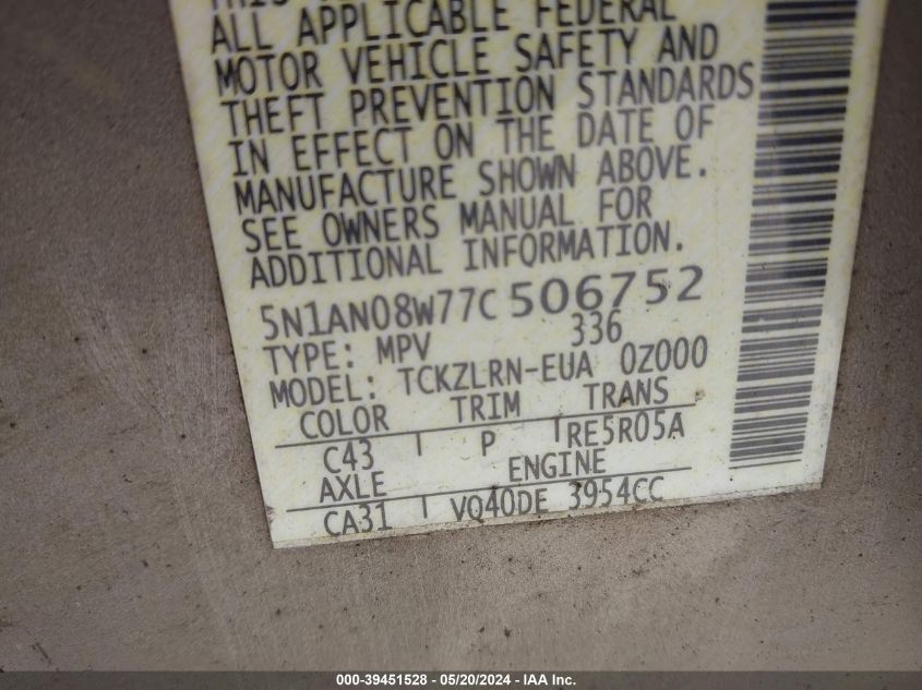 2007 Nissan Xterra S VIN: 5N1AN08W77C506752 Lot: 39451528