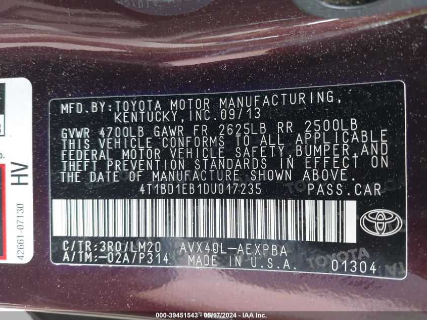 2013 Toyota Avalon Hybrid Limited VIN: 4T1BD1EB1DU017235 Lot: 39451543
