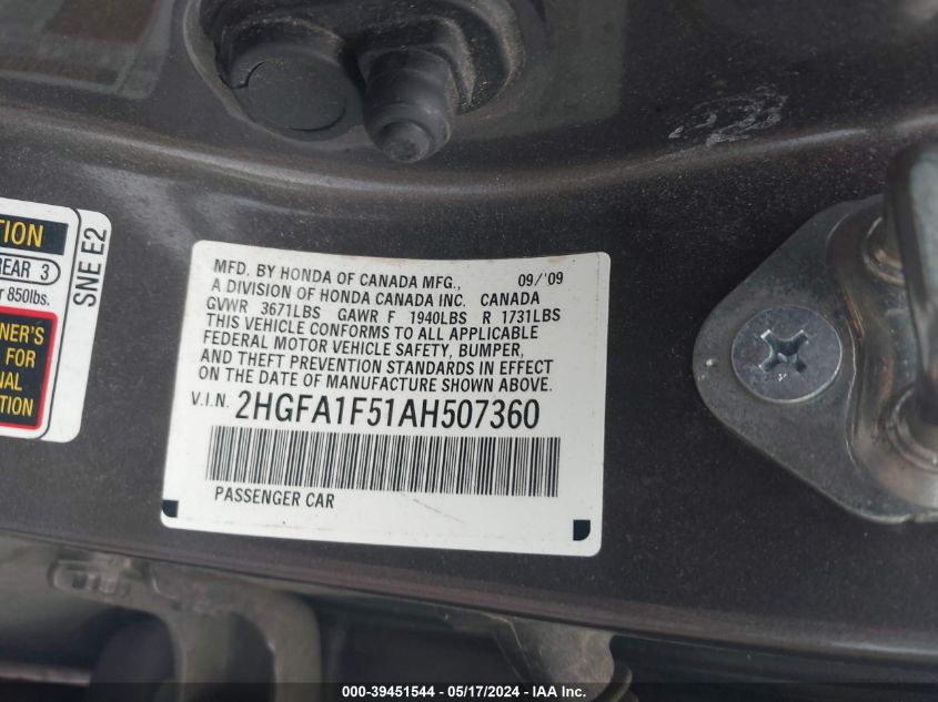 2010 Honda Civic Lx VIN: 2HGFA1F51AH507360 Lot: 39451544