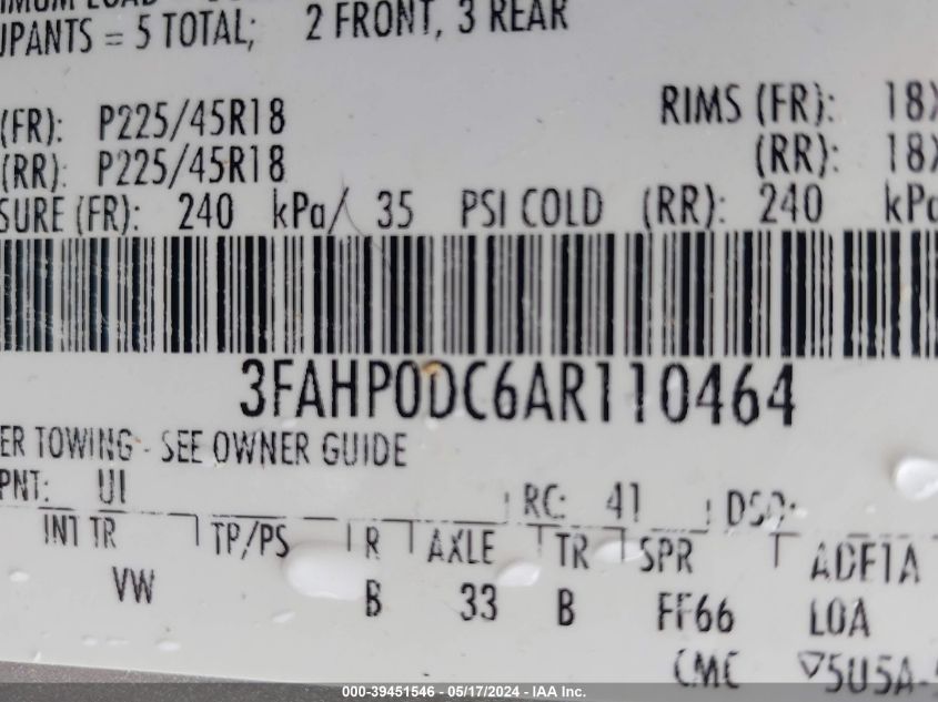 2010 Ford Fusion Sport VIN: 3FAHP0DC6AR110464 Lot: 39451546