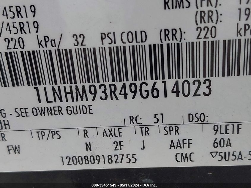 2009 Lincoln Mks VIN: 1LNHM93R49G614023 Lot: 39451549