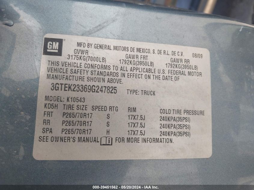 2009 GMC Sierra 1500 Sle VIN: 3GTEK23369G247825 Lot: 39451562