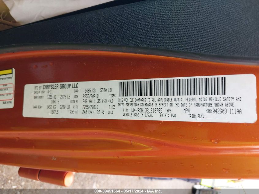 2011 Jeep Wrangler Unlimited Sahara VIN: 1J4HA5H13BL616765 Lot: 39451564