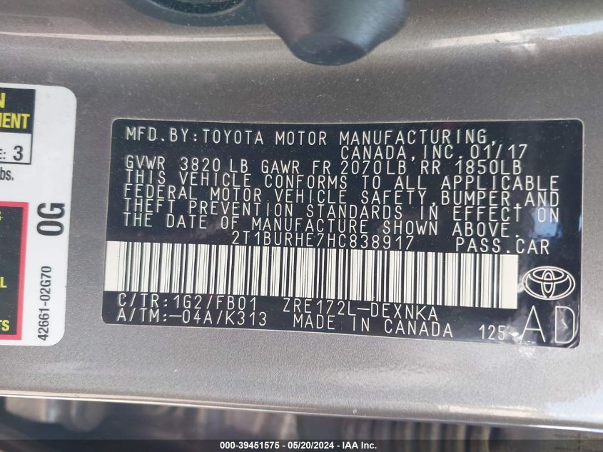 2017 Toyota Corolla Le VIN: 2T1BURHE7HC838917 Lot: 39451575