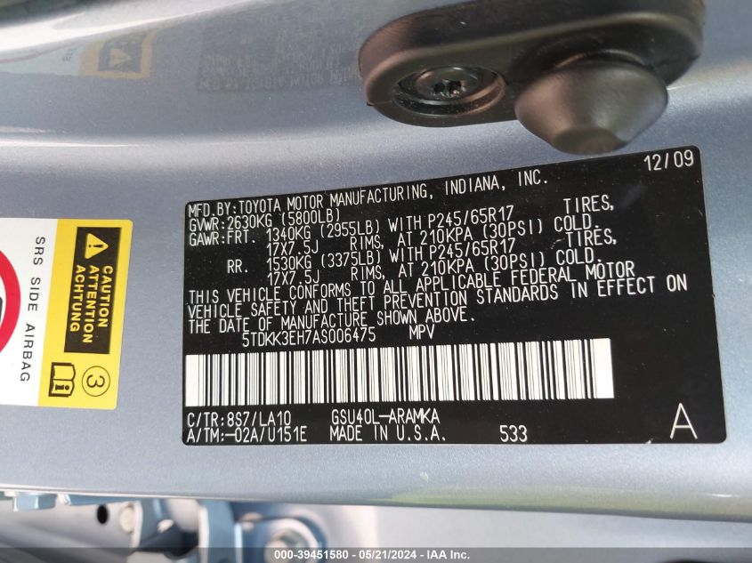 2010 Toyota Highlander Se V6 VIN: 5TDKK3EH7AS006475 Lot: 39451580