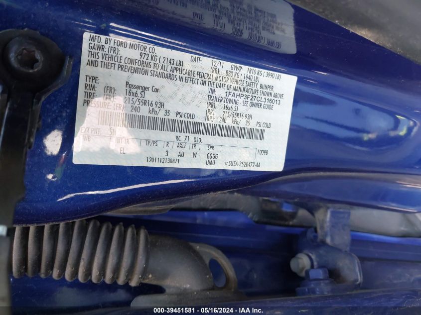 2012 Ford Focus Se VIN: 1FAHP3F27CL316013 Lot: 39451581