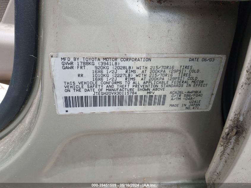 2003 Toyota Rav4 VIN: JTEGH20VX30115784 Lot: 39451589