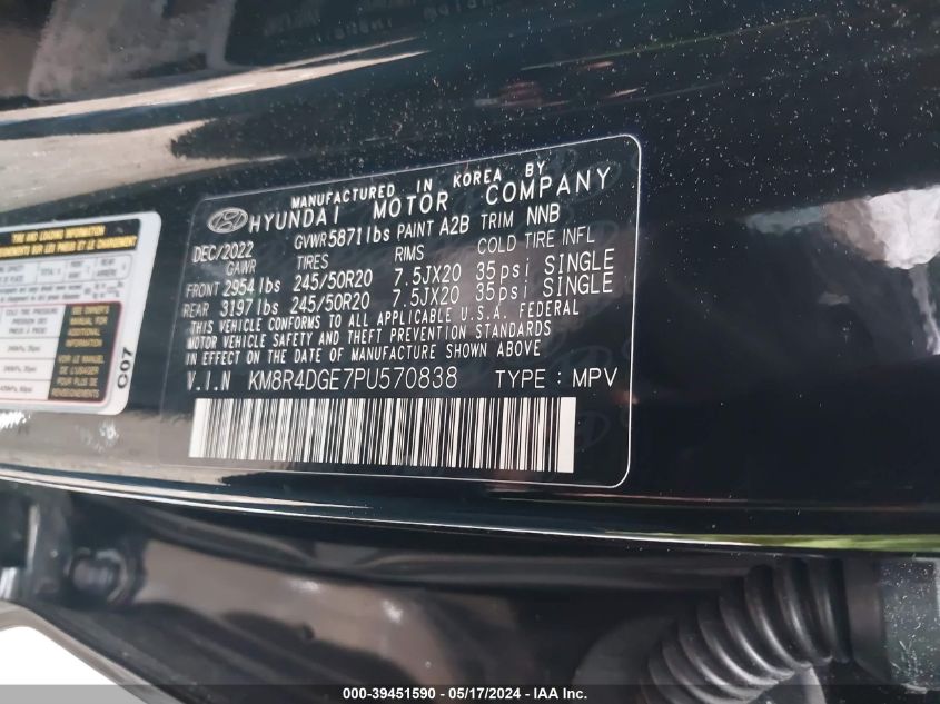 2023 Hyundai Palisade Sel VIN: KM8R4DGE7PU570838 Lot: 39451590