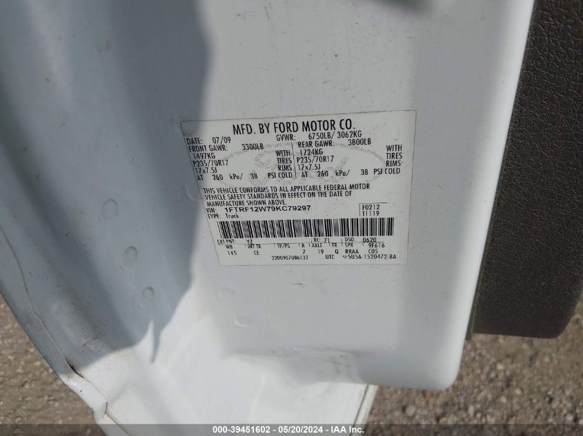 2009 Ford F-150 Stx/Xl/Xlt VIN: 1FTRF12W79KC79297 Lot: 39451602