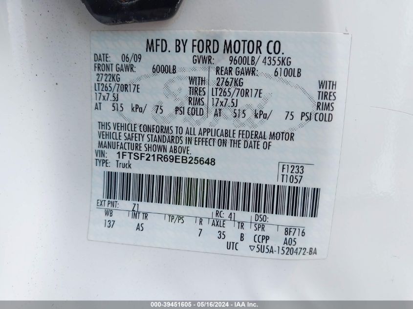 2009 Ford F-250 Xl/Xlt VIN: 1FTSF21R69EB25648 Lot: 39451605