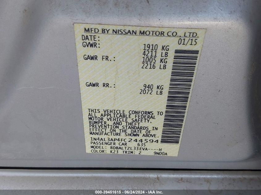 1N4AL3AP4FC244594 2015 Nissan Altima 2.5 Sl