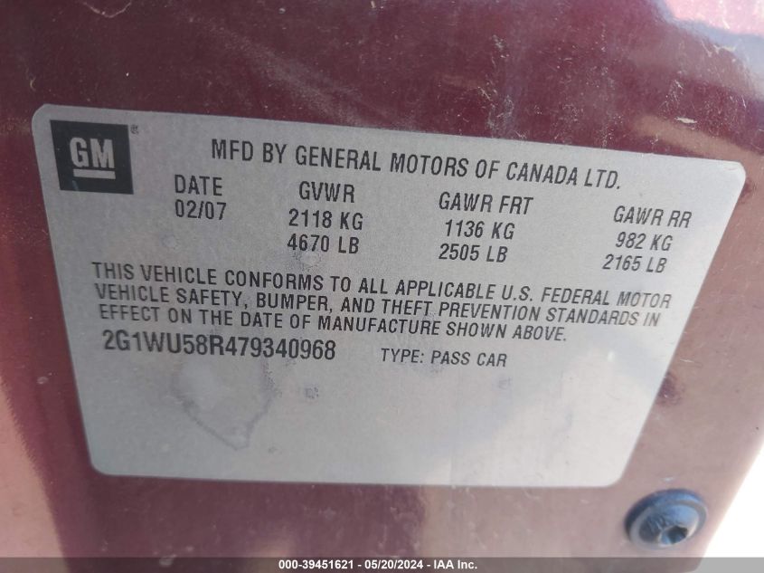 2007 Chevrolet Impala Ltz VIN: 2G1WU58R479340968 Lot: 39451621