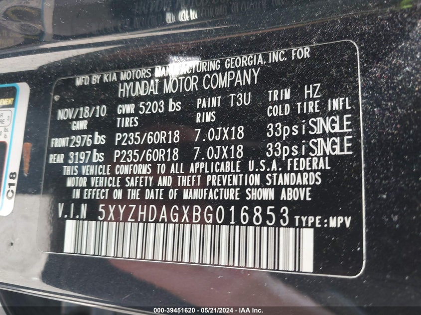 2011 Hyundai Santa Fe Se VIN: 5XYZHDAGXBG016853 Lot: 39451620