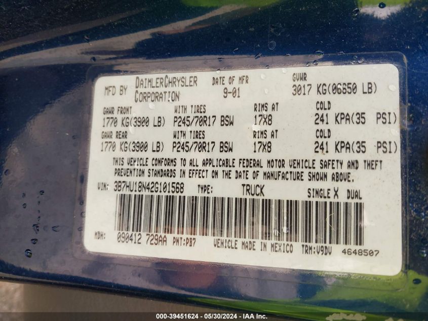 2002 Dodge Ram 1500 St VIN: 3B7HU18N42G101568 Lot: 39451624