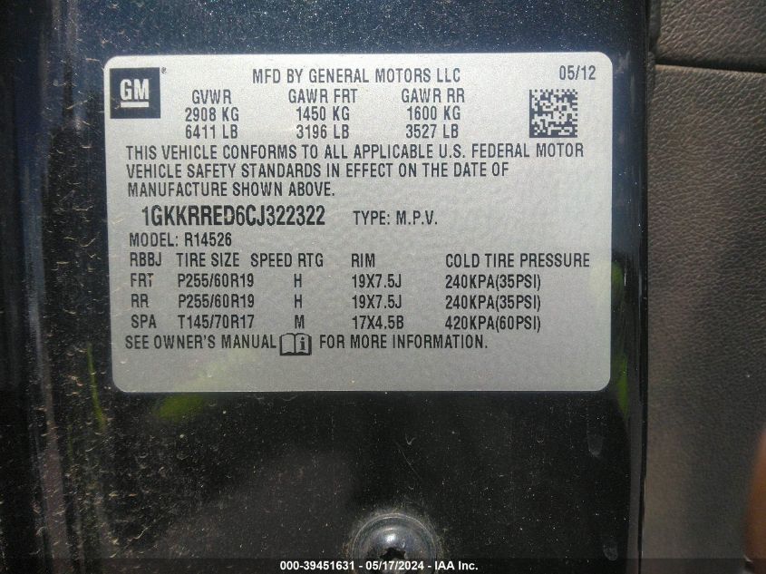 2012 GMC Acadia Slt-1 VIN: 1GKKRRED6CJ322322 Lot: 39451631