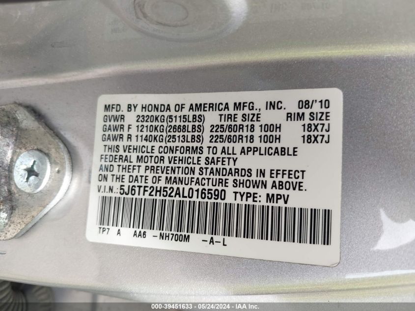 2010 Honda Accord Crosstour Ex-L VIN: 5J6TF2H52AL016590 Lot: 39451633