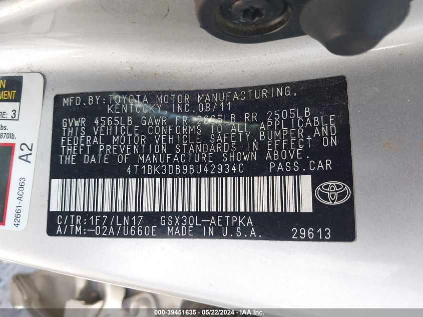 2011 Toyota Avalon Limited VIN: 4T1BK3DB9BU429340 Lot: 39451635