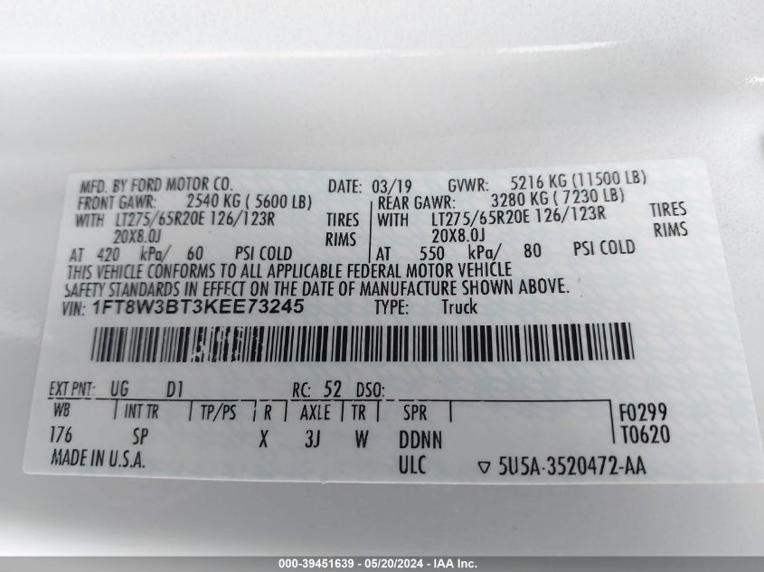 2019 Ford F-350 King Ranch VIN: 1FT8W3BT3KEE73245 Lot: 39451639