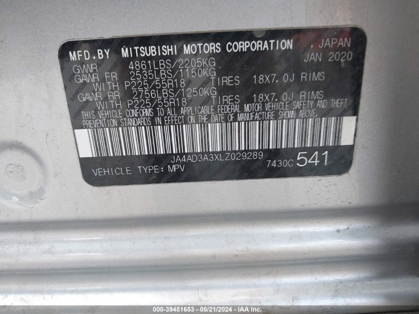 2020 Mitsubishi Outlander Le 2.4/Se 2.4/Sel 2.4/Sp 2.4 VIN: JA4AD3A3XLZ029289 Lot: 39451653
