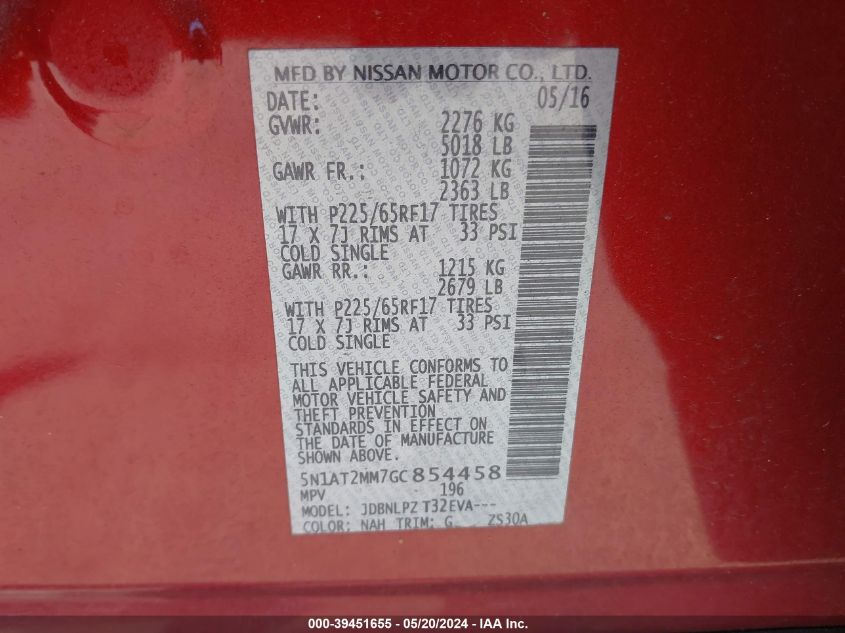 2016 Nissan Rogue S VIN: 5N1AT2MM7GC854458 Lot: 39451655