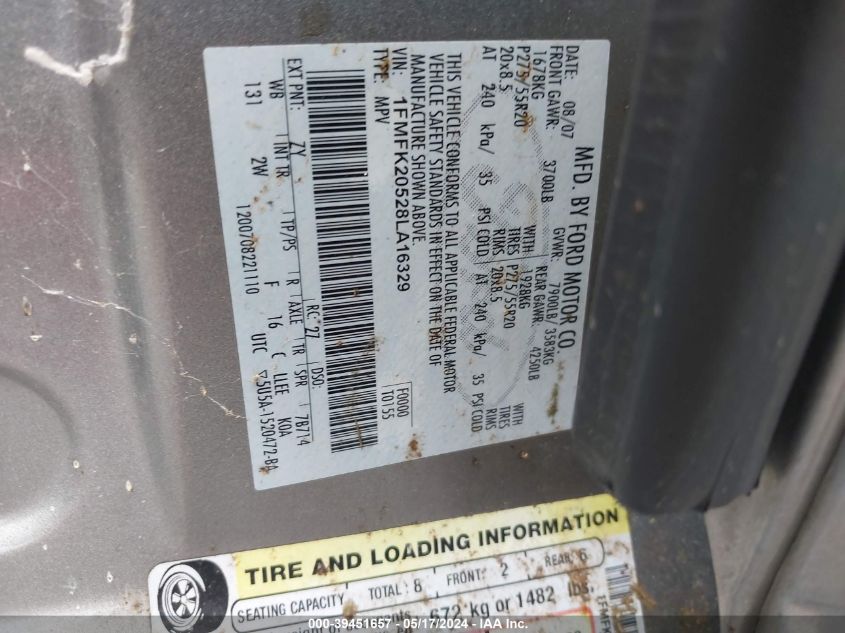 2008 Ford Expedition El Limited VIN: 1FMFK20528LA16329 Lot: 39451657