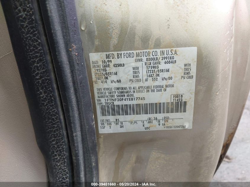 2000 Ford F-250 VIN: 1FTNF20F4YEB17745 Lot: 39451660
