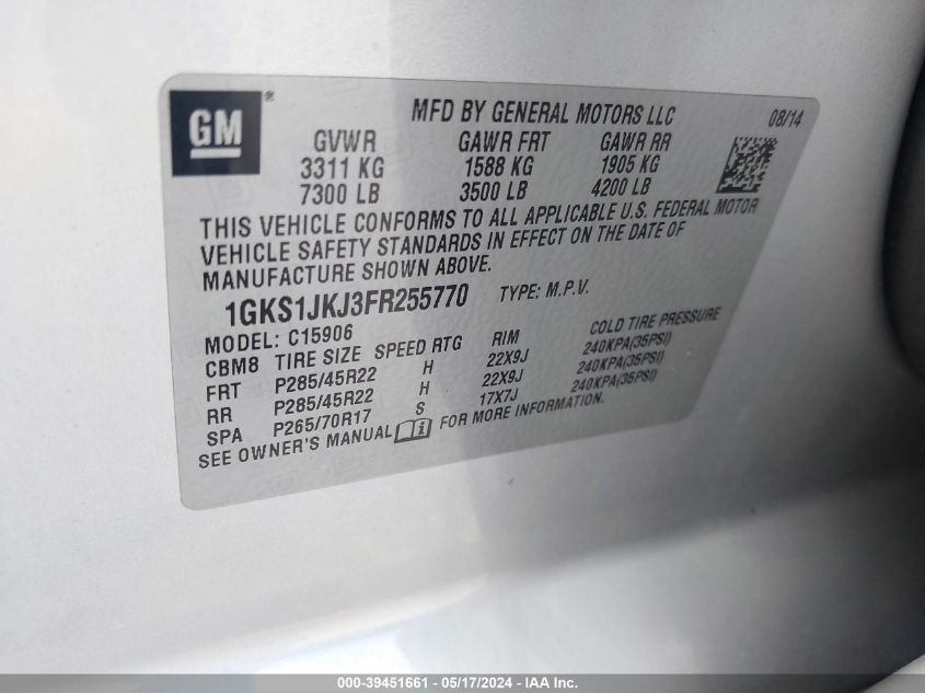 2015 GMC Yukon Xl 1500 Denali VIN: 1GKS1JKJ3FR255770 Lot: 39451661