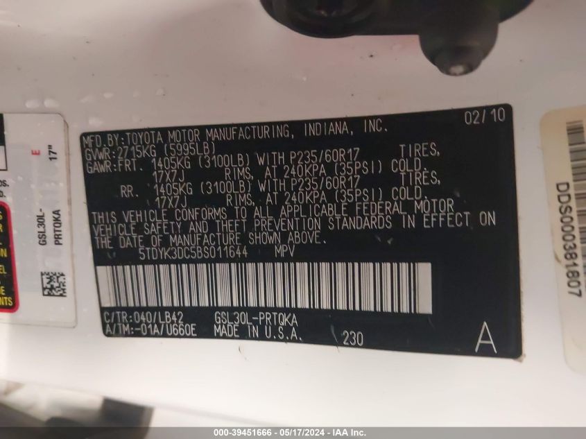 2011 Toyota Sienna Xle V6 VIN: 5TDYK3DC5BS011644 Lot: 39451666