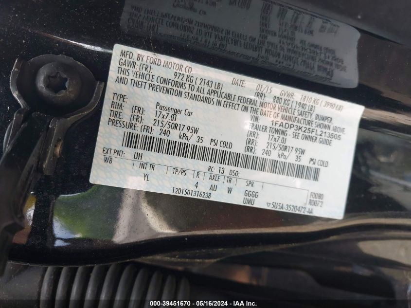 2015 FORD FOCUS SE - 1FADP3K25FL213505