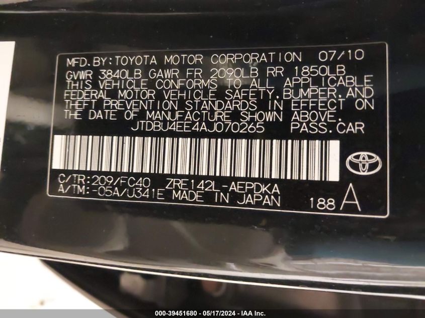 2010 Toyota Corolla Le VIN: JTDBU4EE4AJ070265 Lot: 39451680