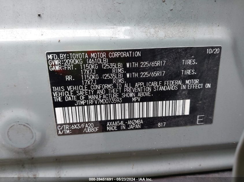 2021 TOYOTA RAV4 XLE - JTMP1RFV7MD073593